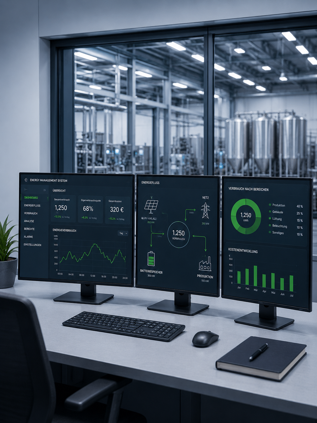 Industriearbeitsumgebung mit Energiedashboard