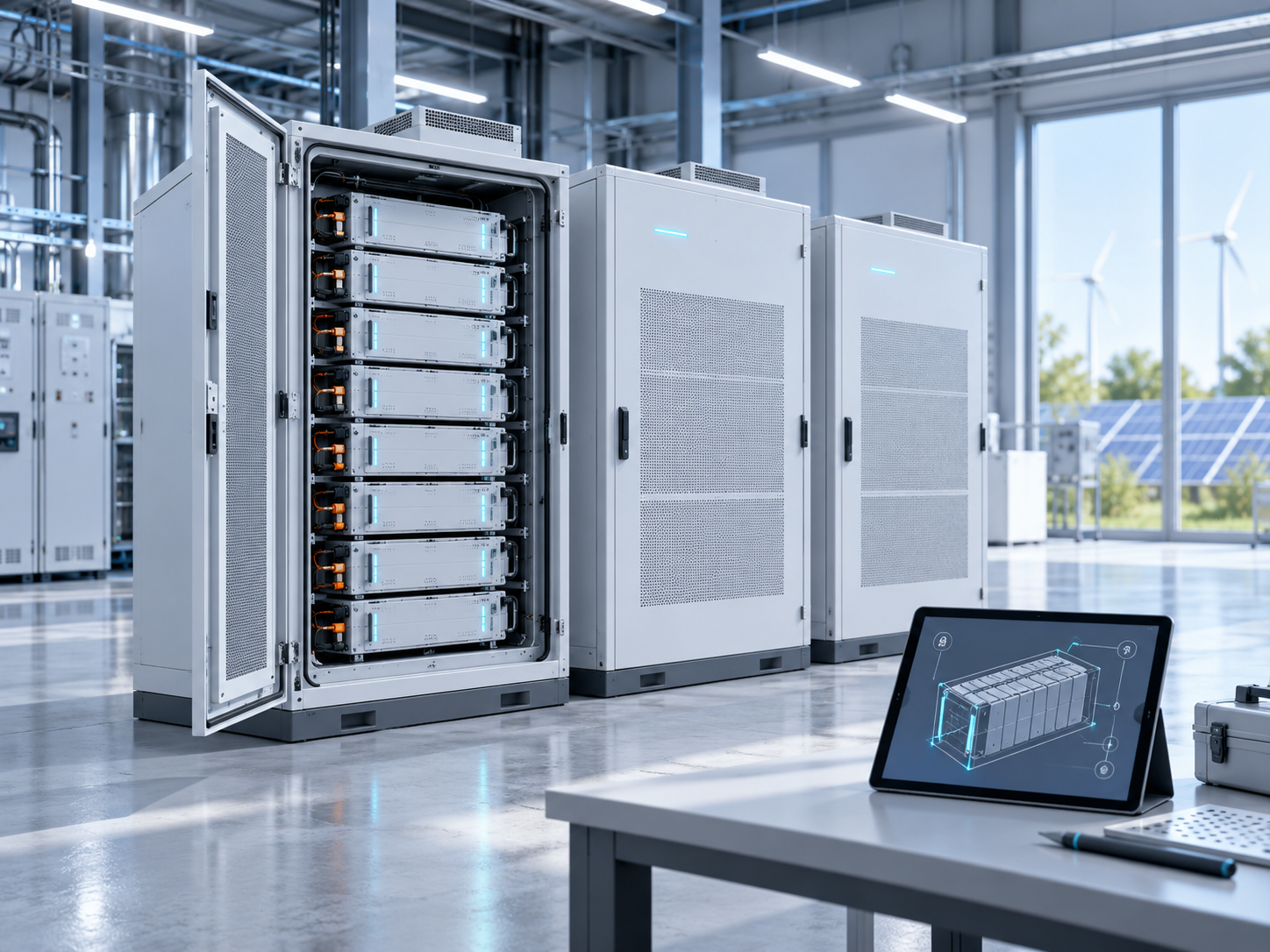 Modulare Batteriespeicher in heller Industriehalle